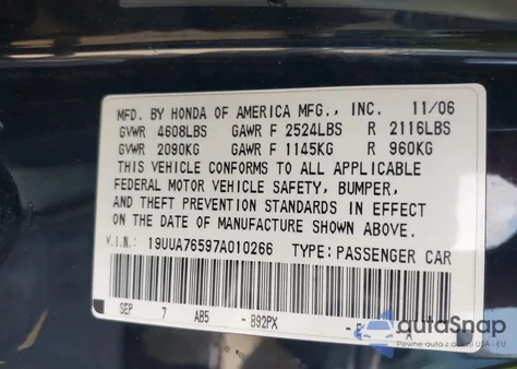 2007 Acura Tl Type S from USA, damaged, VIN 19UUA76597A010266